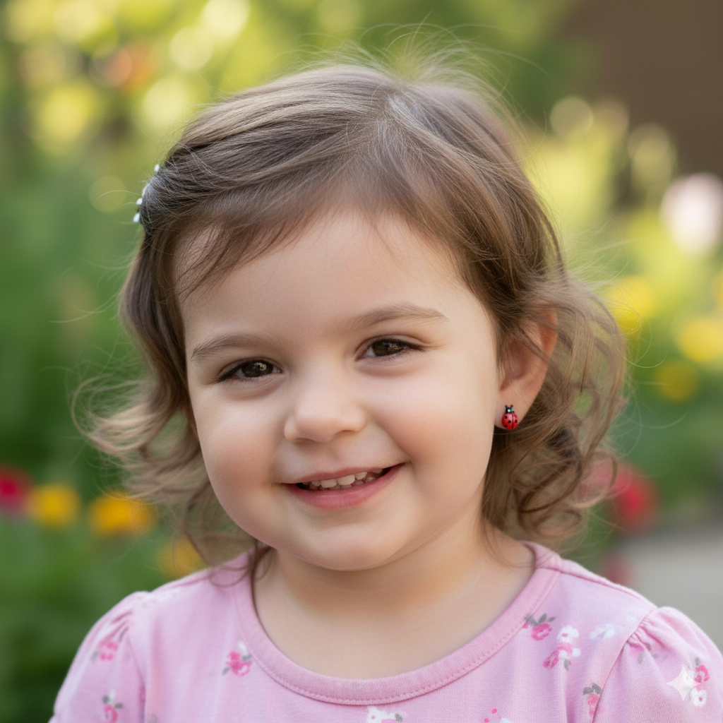 menina usando brinco infantil de joaninha da Dalí Joias