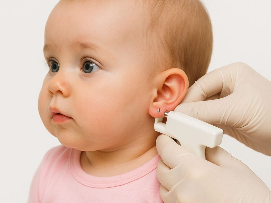Bebê furando a orelha para usar brincos infantis
