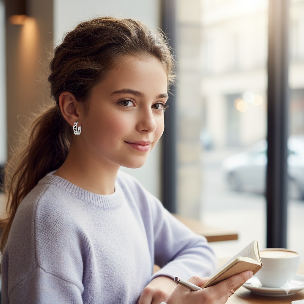 Menina usando um brinco argola prata da Dalí Joias