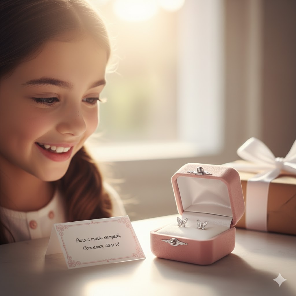 Menina feliz com os brincos de borboleta que ganhou da vovó.