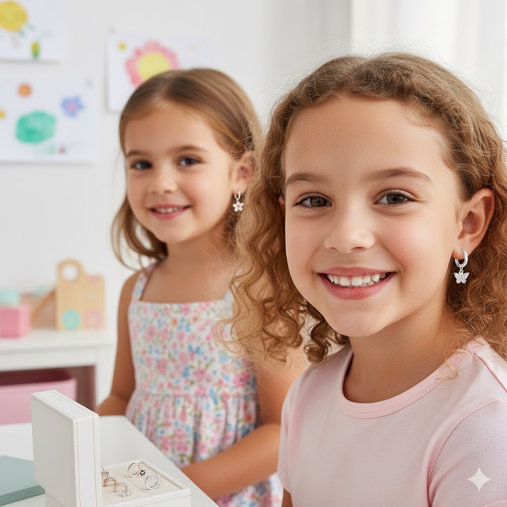 Meninas usando brincos de borboleta e flor 