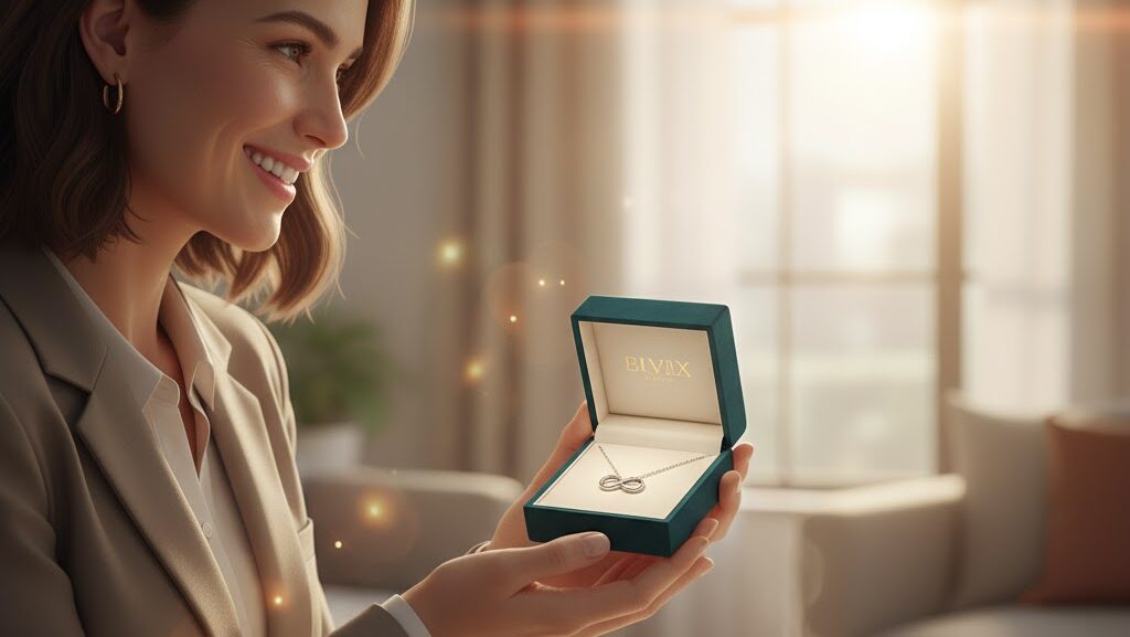 Mulher ganhando uma joia.