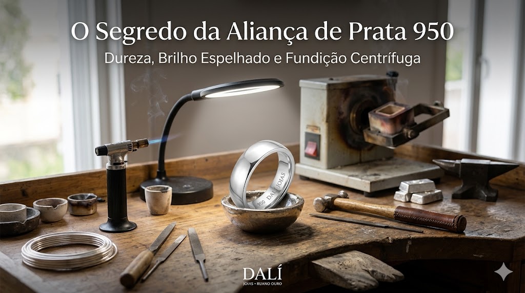 Fotografia macro de uma bancada de ourives autêntica com foco em uma aliança de prata 950 de brilho espelhado e carimbo interno '950 DALÍ JOIAS'. Ao fundo, ferramentas profissionais como maçarico, limas, martelo e uma máquina de fundição centrífuga sob iluminação de tarefa. No topo, o texto 'O Segredo da Aliança de Prata 950 - Dureza, Brilho Espelhado e Fundição Centrífuga' e o logotipo da Dalí Joias na base. A imagem ilustra o processo técnico e artesanal de fabricação de joias de alta pureza.